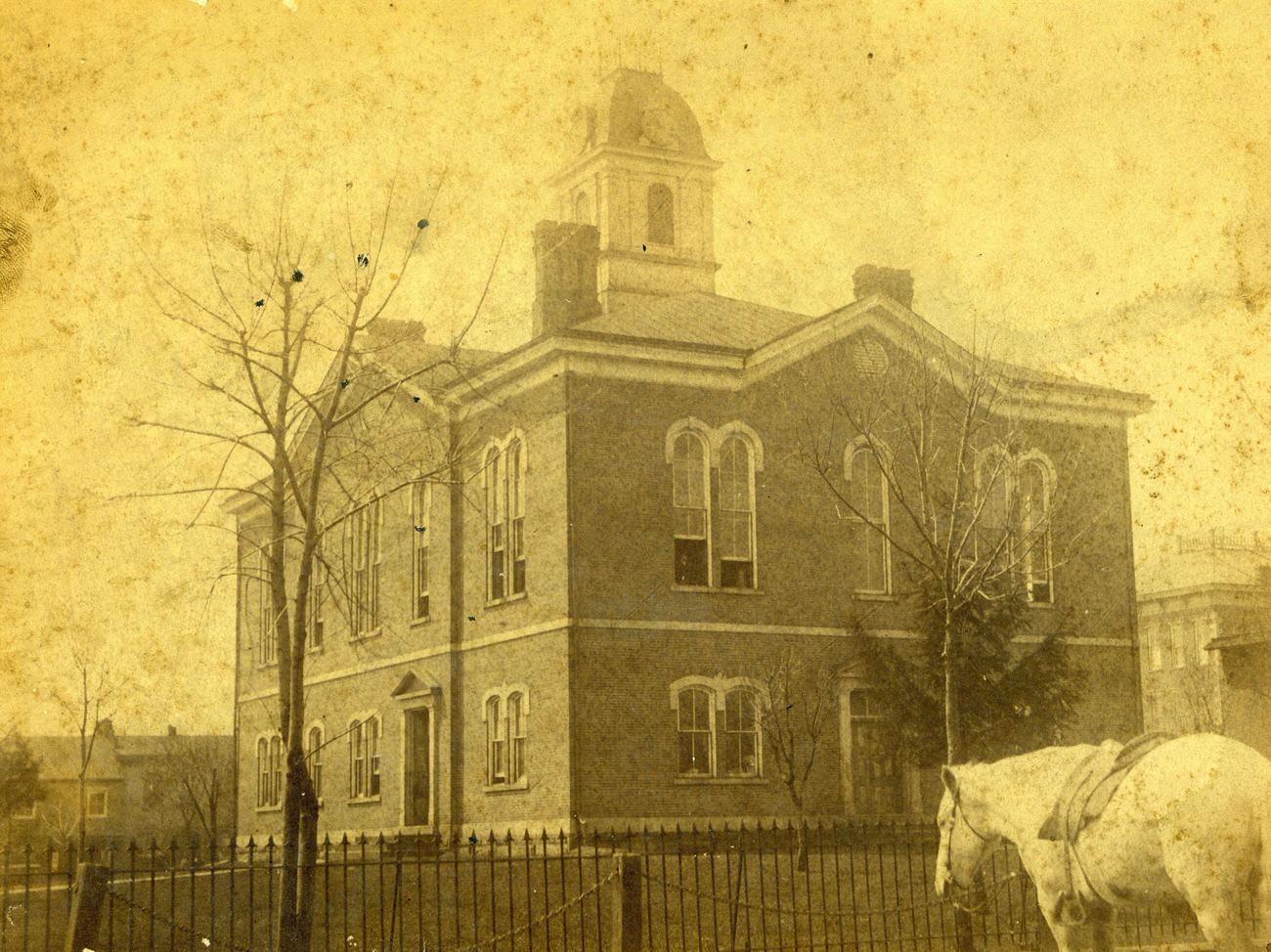 Adams County Courthouse with a horse in the foreground, 1890s