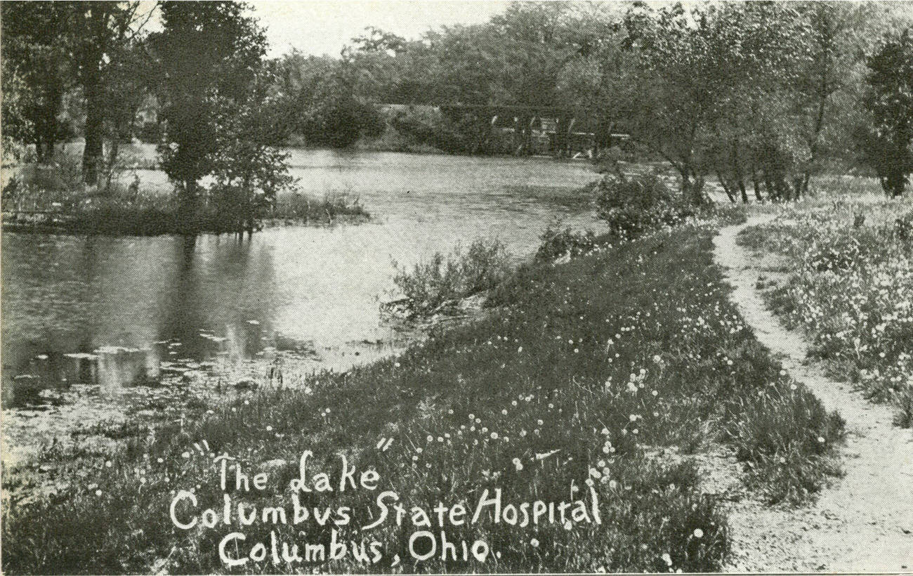 Path alongside a body of water at the Columbus State Hospital, 1890s