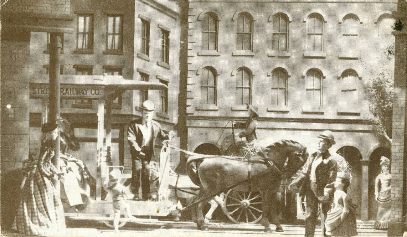 Lazarus Department Store window display featuring a horse car, 1890s