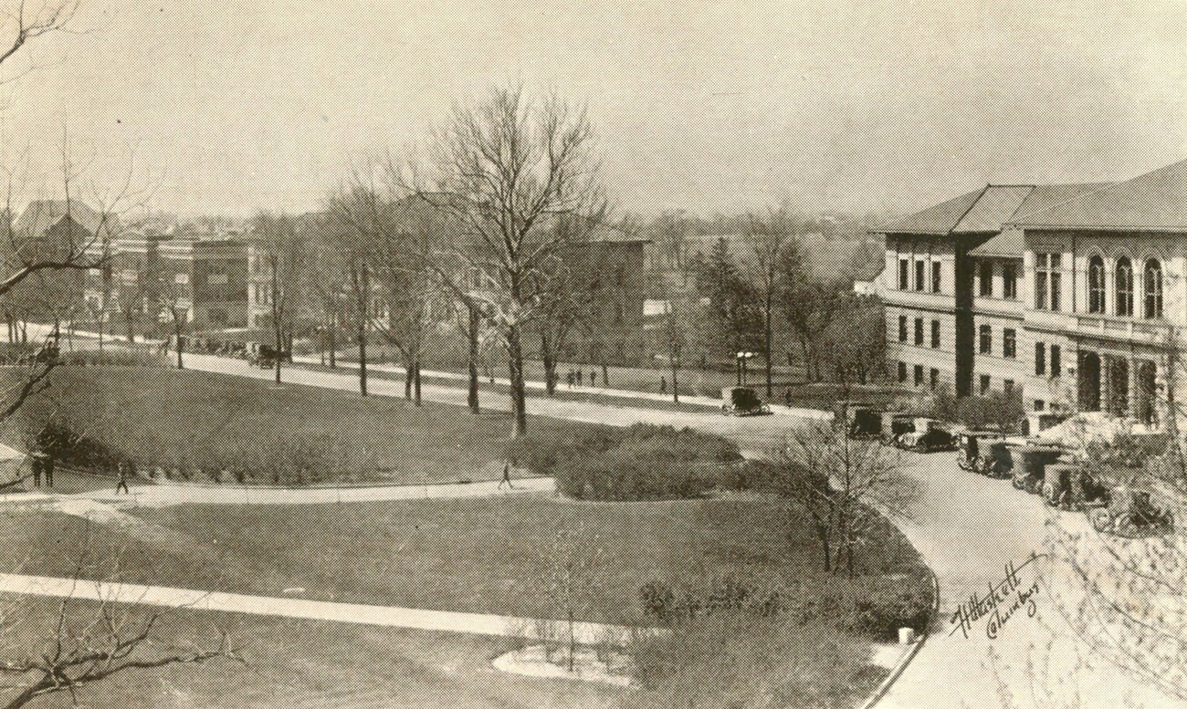 "Ag Alley" on Ohio State University campus, featuring Lazenby Hall, 1910s