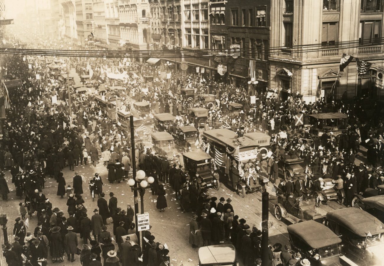 Views of the Armistice Day celebration in downtown Columbus, showing various locations, November 11, 1918.