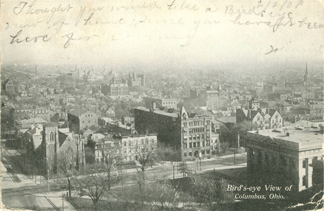 Bird's-eye view of Columbus, Ohio, panoramic view from a height on the north side of the capitol square looking east south east, 1890s