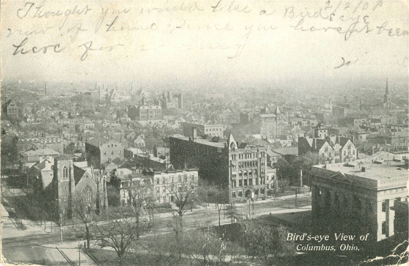 Bird's-eye view of Columbus, Ohio, panoramic view from a height on the north side of the capitol square looking east south east, 1890s
