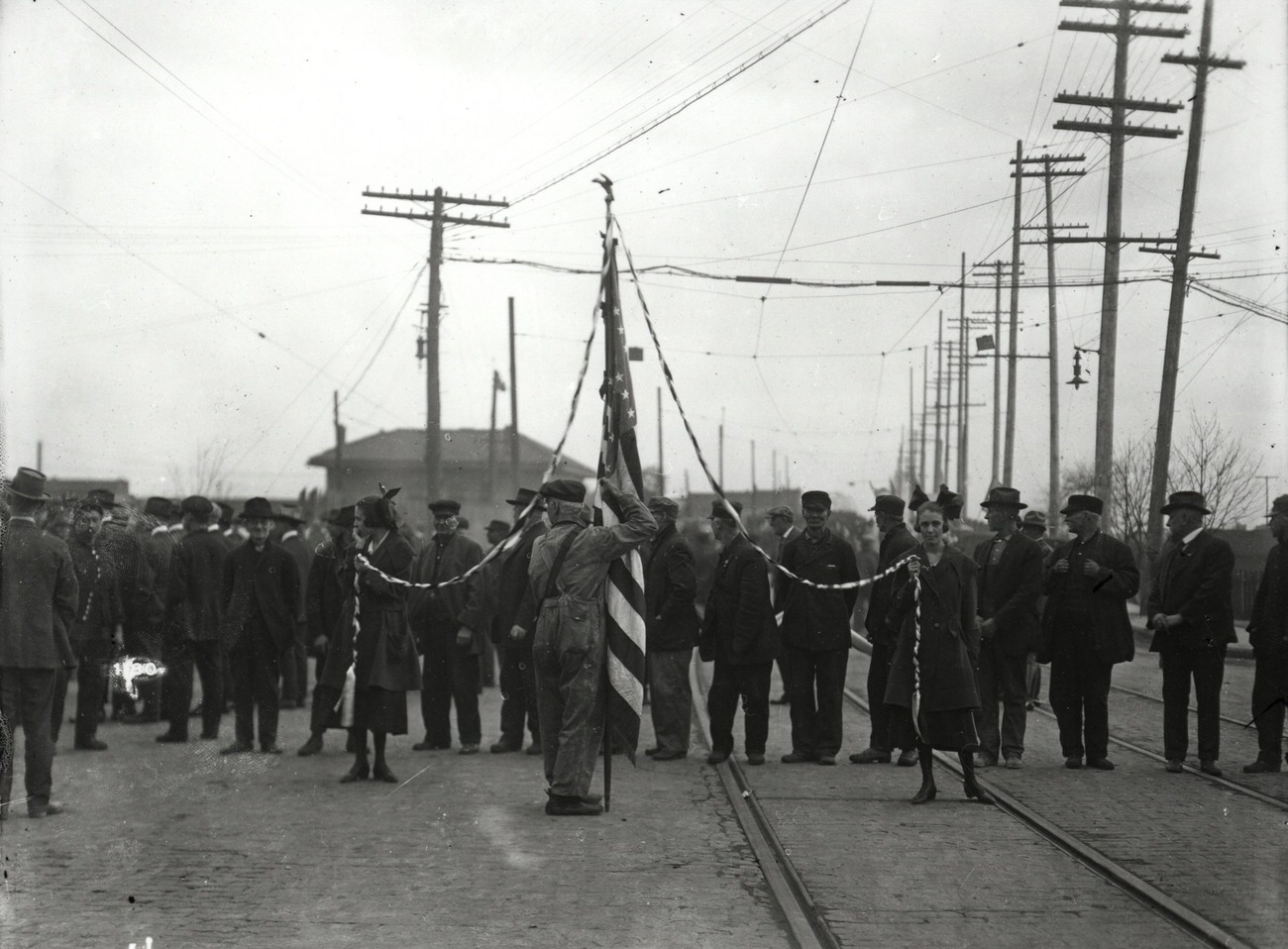 Buckeye Steel patriotic display, possibly a May Day celebration, founded October 1902, located on Parsons Avenue, merged with Worthington Industries in 1980, circa 1920s