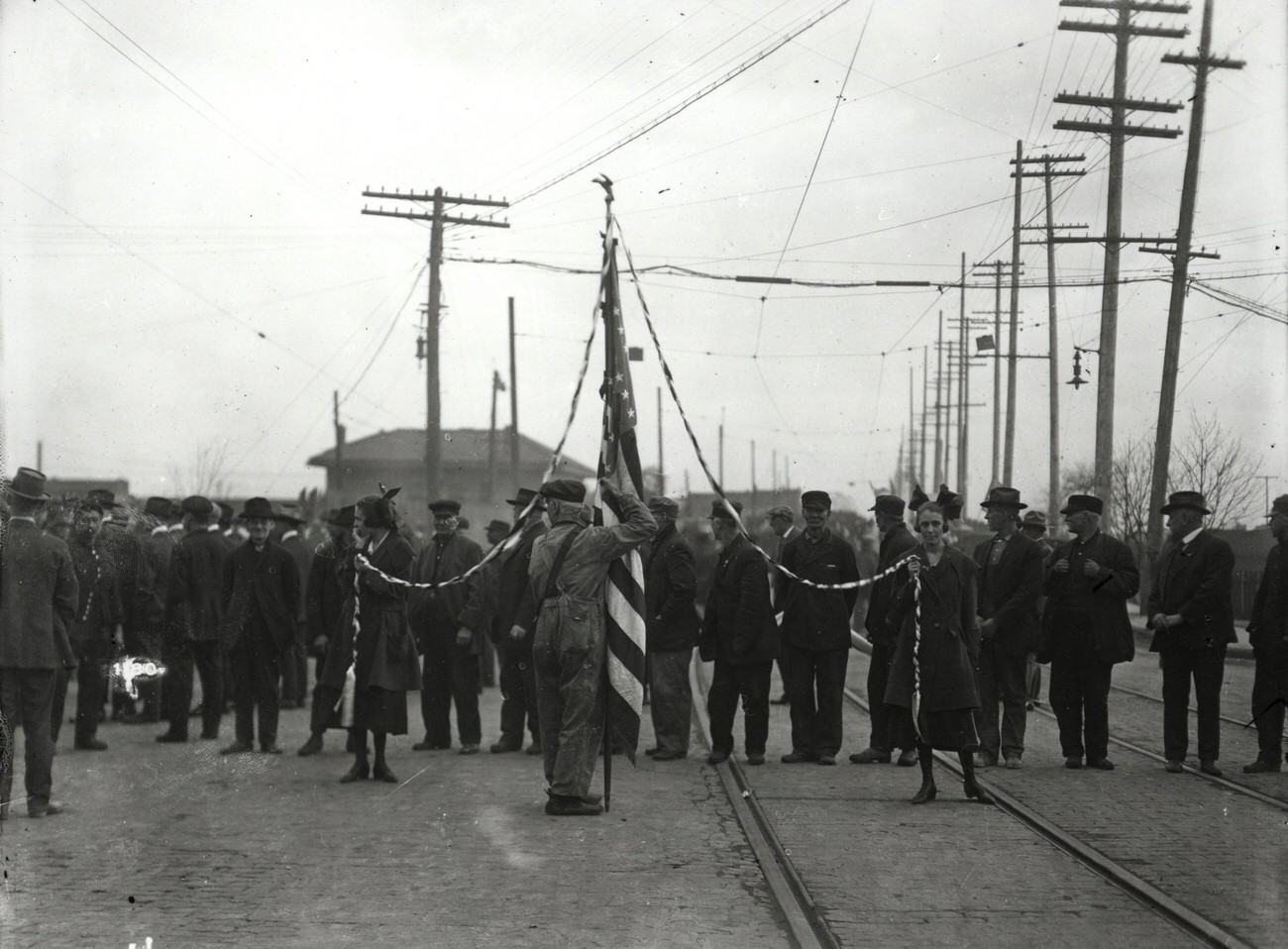 Buckeye Steel patriotic display, possibly a May Day celebration, founded October 1902, located on Parsons Avenue, merged with Worthington Industries in 1980, circa 1920s