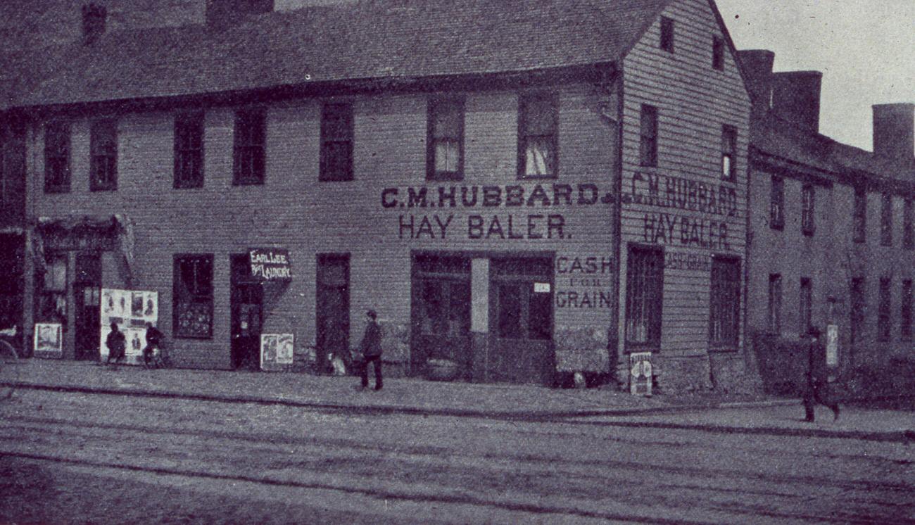 C. M. Hubbard's business at High and Cherry Streets, previously Swan Tavern, later Franklin House, demolished October 27, 1912, Circa 1892.