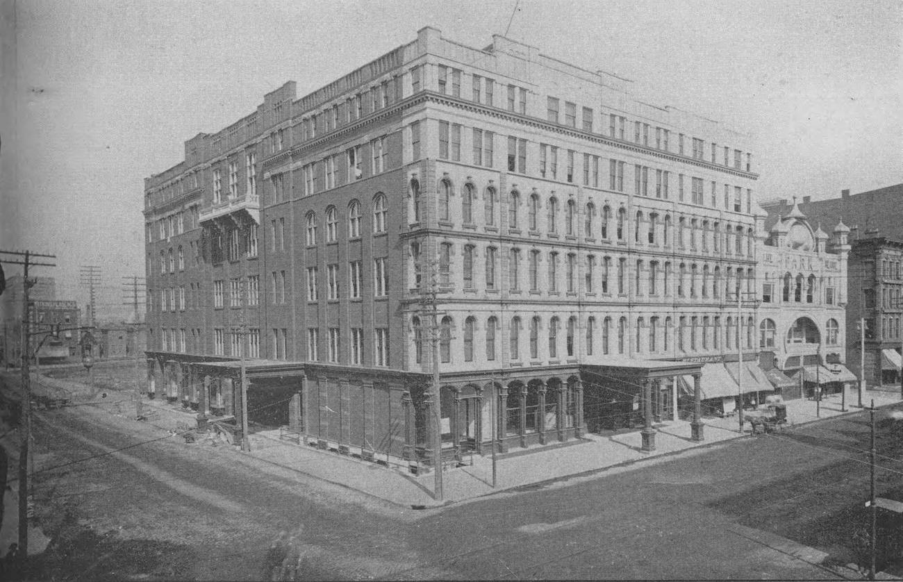 Chittenden Hotel, transformation from business block to hotel in 1889-90, two stories added, first hotel destroyed by fire, rebuilt, second hotel also destroyed, third hotel opened in 1895, Circa 1892.