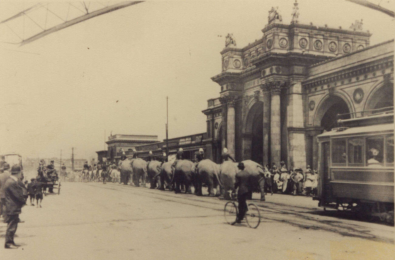Circus Parade on North High Street, passing Union Station, 1890s