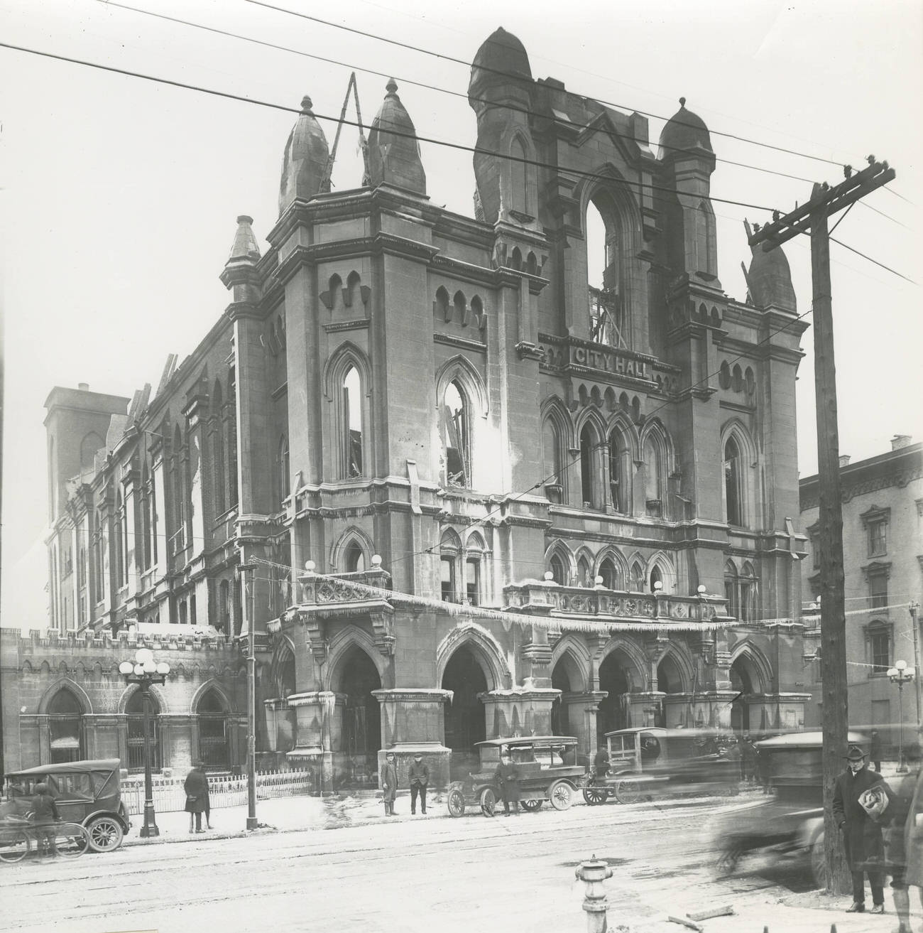 City Hall after the fire, original building opened March 28, 1872, destroyed by fire on January 12, 1921, photo taken January 13, 1921.