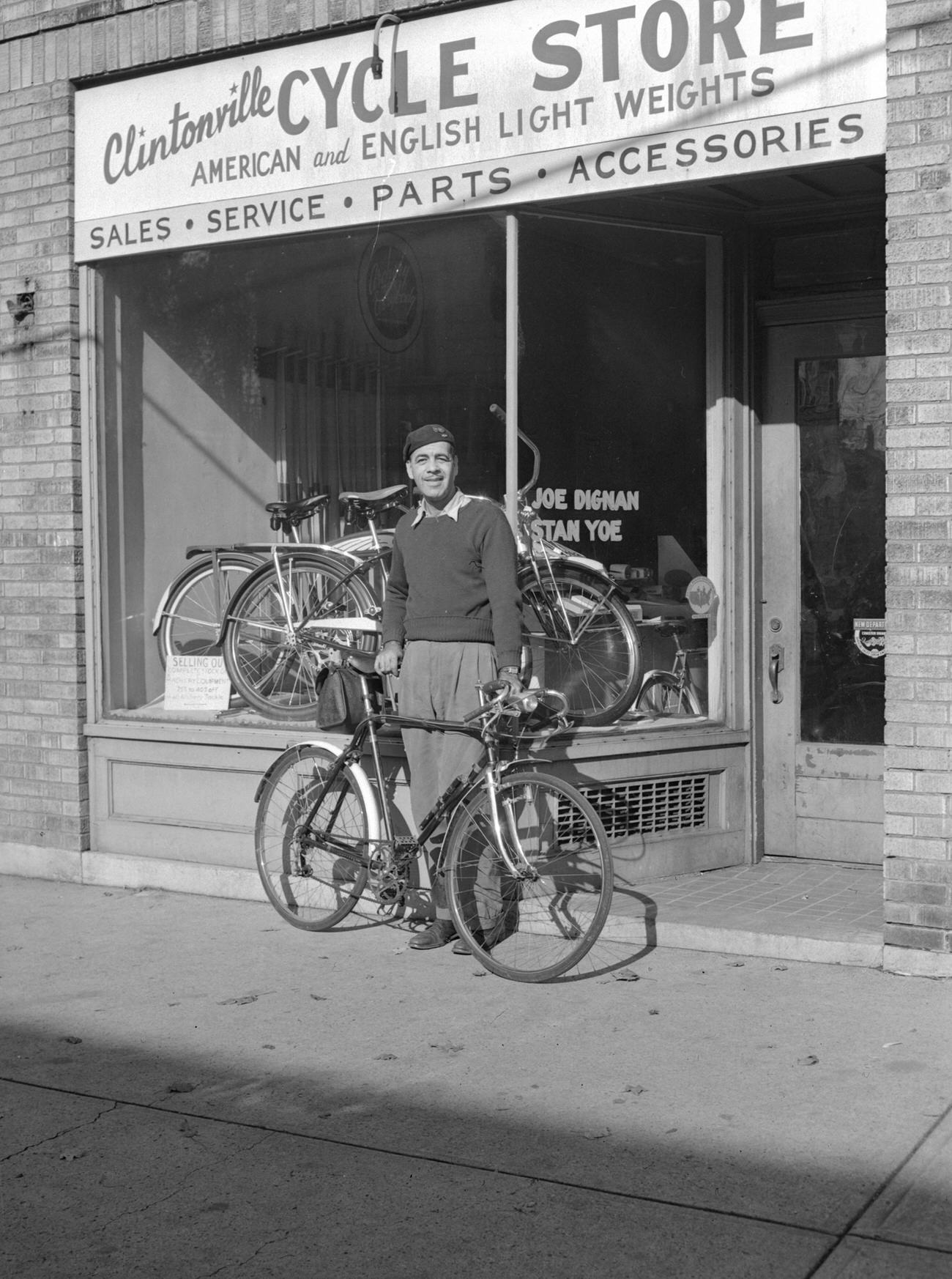 Clintonville Cycle Store, specialized in American and English light weight bicycles, owned by Joe Dignan and Stan Yoe, 1947.