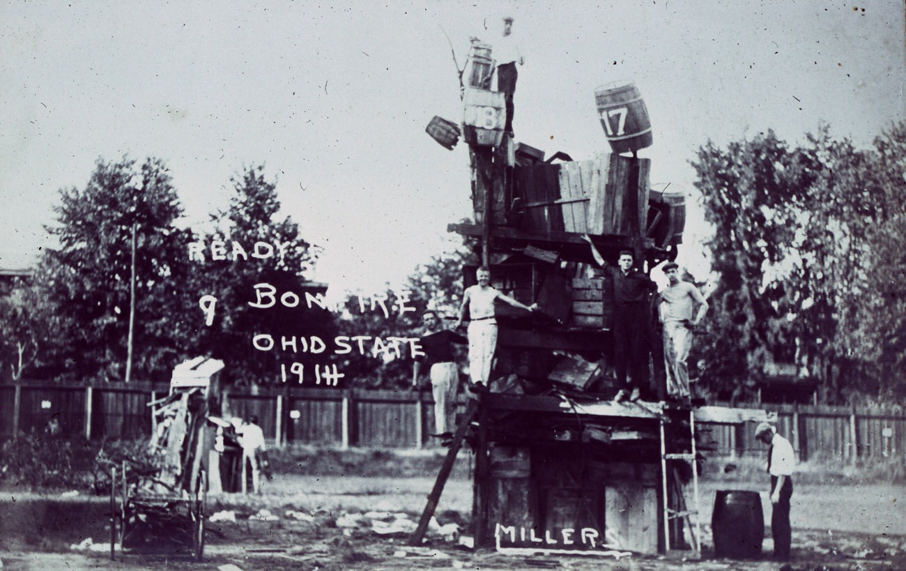 Bonfire at the Ohio State University, students gathering fuel for a rally, 1914.