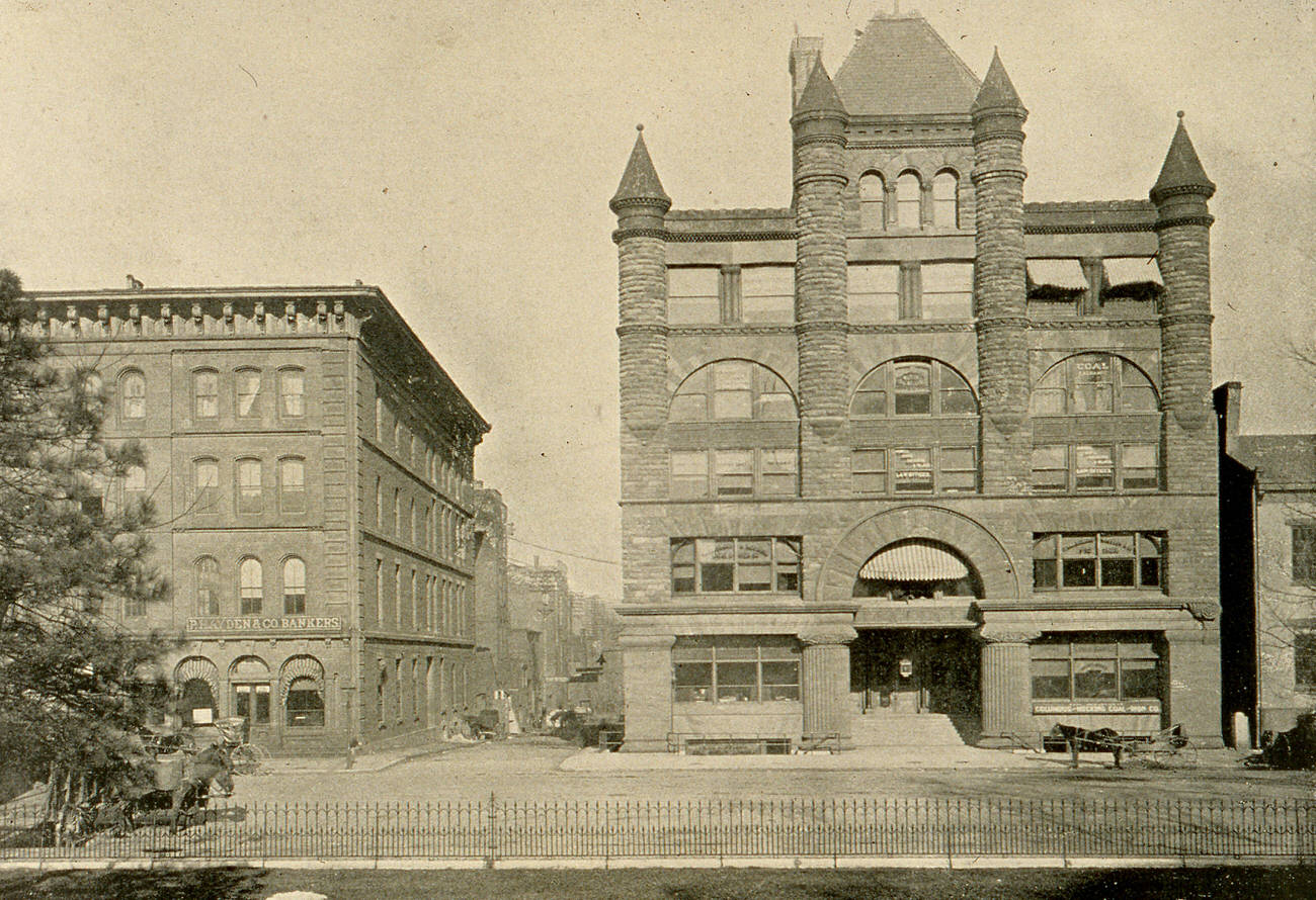 Columbus Board of Trade building, photo taken at time of completion, building opened July 23, 1889, served as office building and auditorium, closed August 1964, demolished in 1969, circa 1889.
