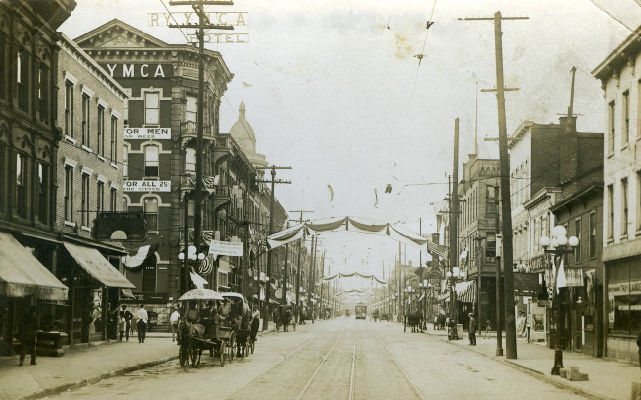 Columbus Centennial postcard, celebrating 100 years as Ohio's capital city in 1912, featuring Railroad YMCA, Columbus Savings Bank, Troy Laundering, and Unique Theatre, 1890s