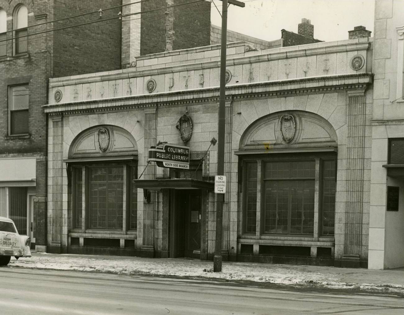 Photograph of the second Northside Branch Library of the Columbus Metropolitan Library, opened in 1958, replaced in 1975, December 17, 1958.
