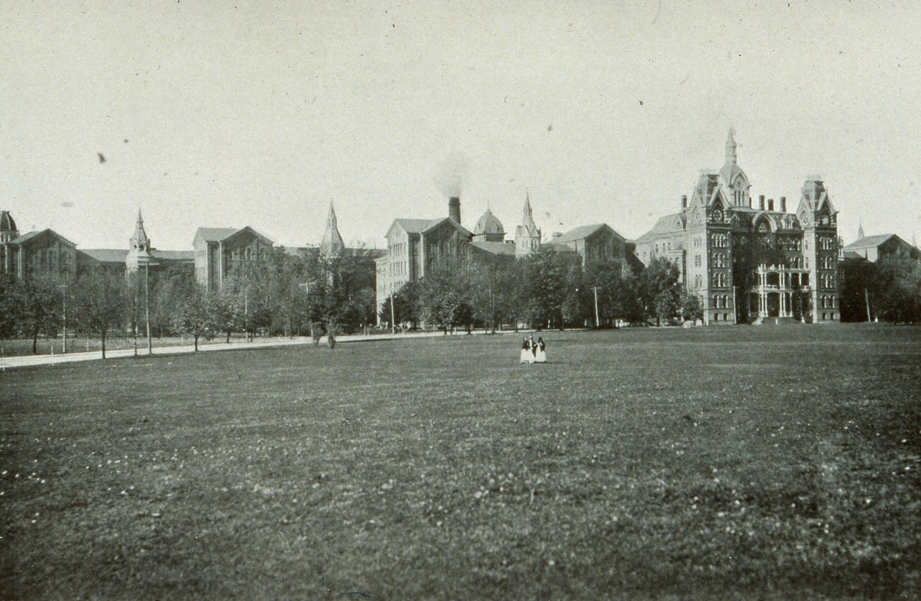 Panoramic view of the Columbus State Hospital with two figures, 1903.