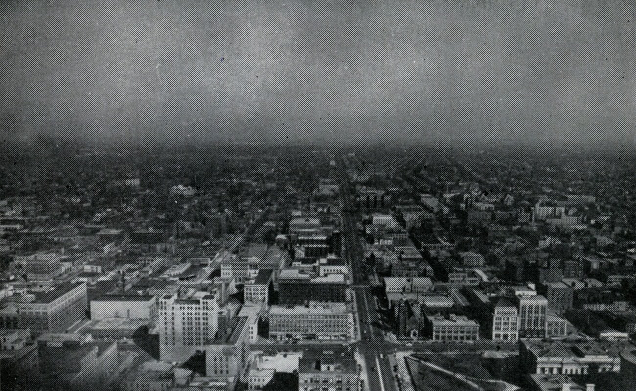 Downtown Columbus looking east along Broad Street with landmarks, 1945.