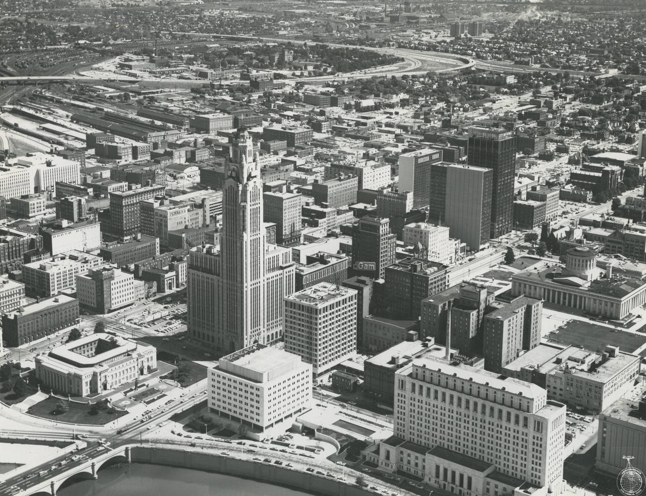 Downtown Columbus view looking northeast from above Central High School, 1965.