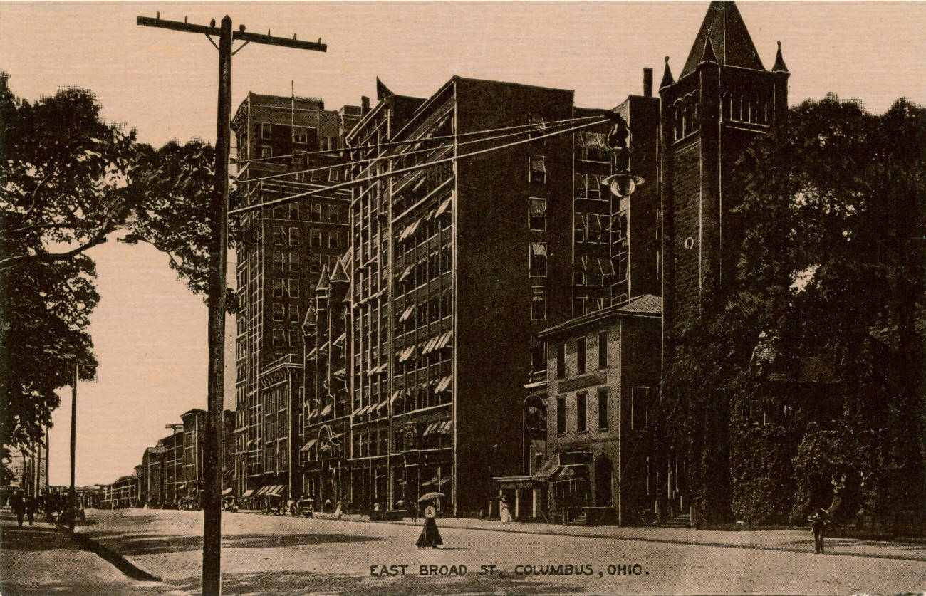 East Broad Street postcard, Columbus, featuring several notable buildings, 1880s