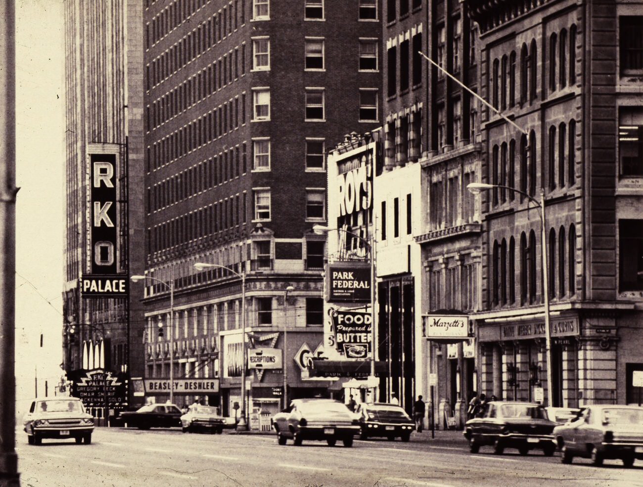 East Broad Street featuring Park Federal Savings and Loan and Marzetti's Restaurant, Columbus, 1969.