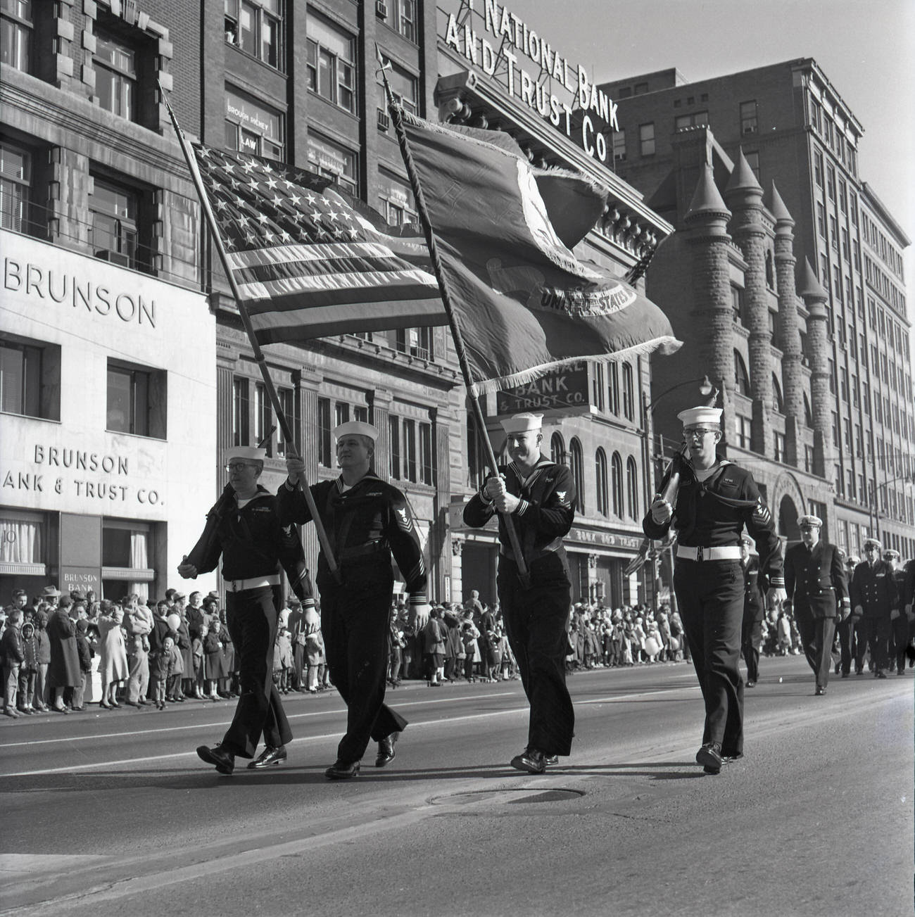 East Broad Street Parade with Brunson Bank & Trust and Chamber of Commerce Building, 1940s