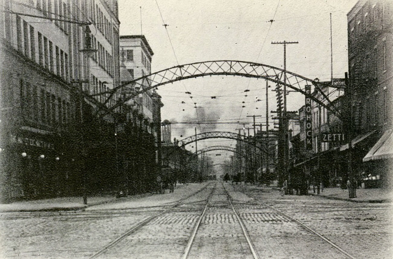 Electric arches in downtown's "Hub District" at South Fourth and Main Streets, 1880s