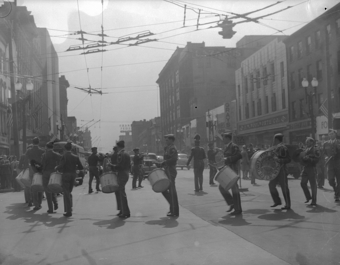 Fond Du Lac Amvets Post No 8 Band marching downtown Columbus, 1947.