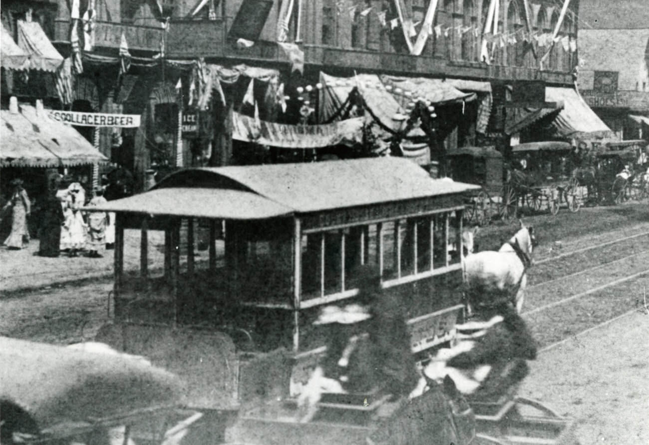 Grand Army of the Republic Parade in Columbus, horse-drawn trolley, 1888.