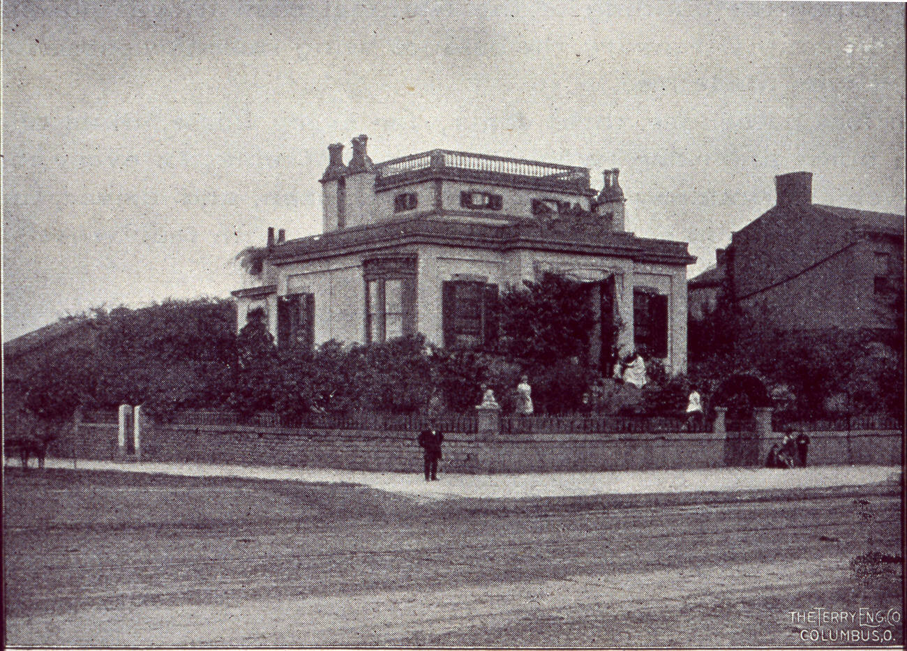 George W. Foster house at Mound and High streets, demolished in the 1880s for business development, Circa 1898.