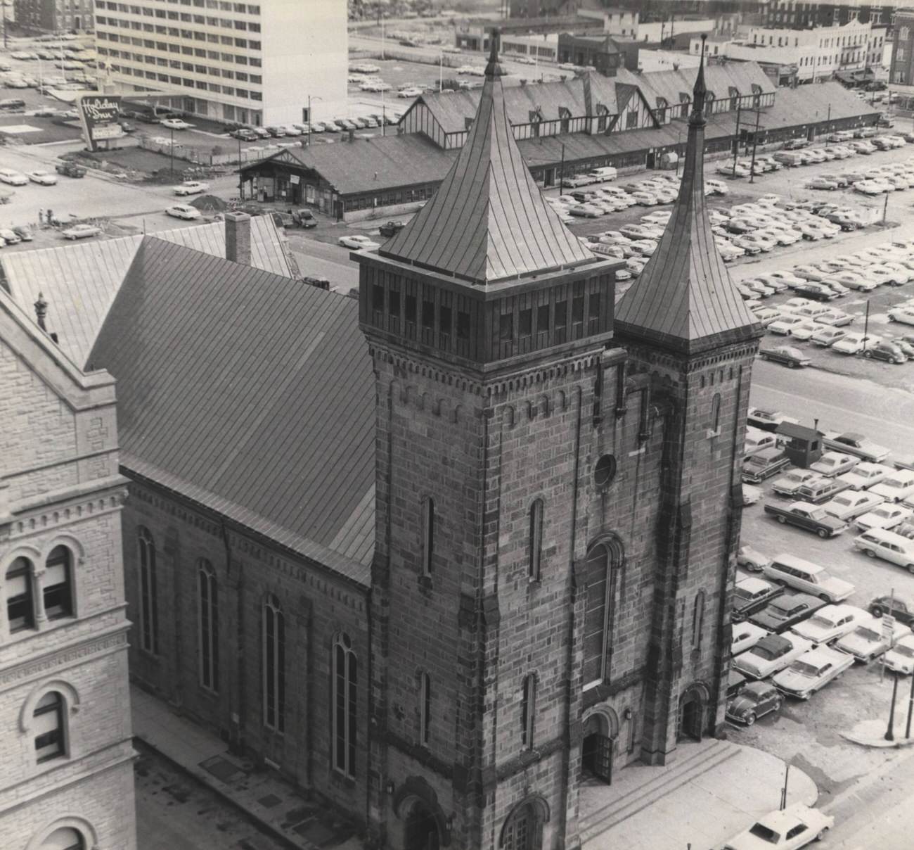 Aerial view of Grace Central Presbyterian Church and Central Market, November 24, 1965.