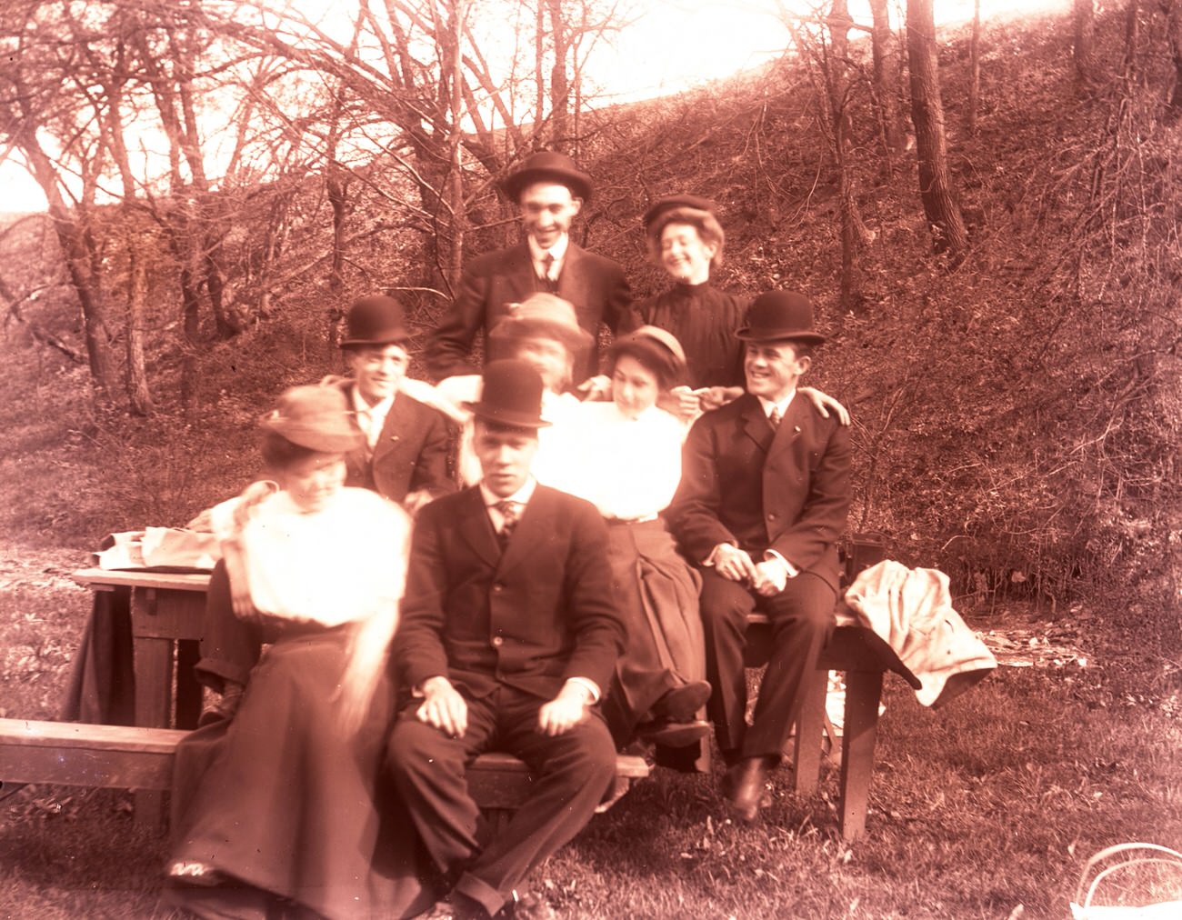 Glass negative of a group at Olentangy Park picnic grounds, May 11, 1907.