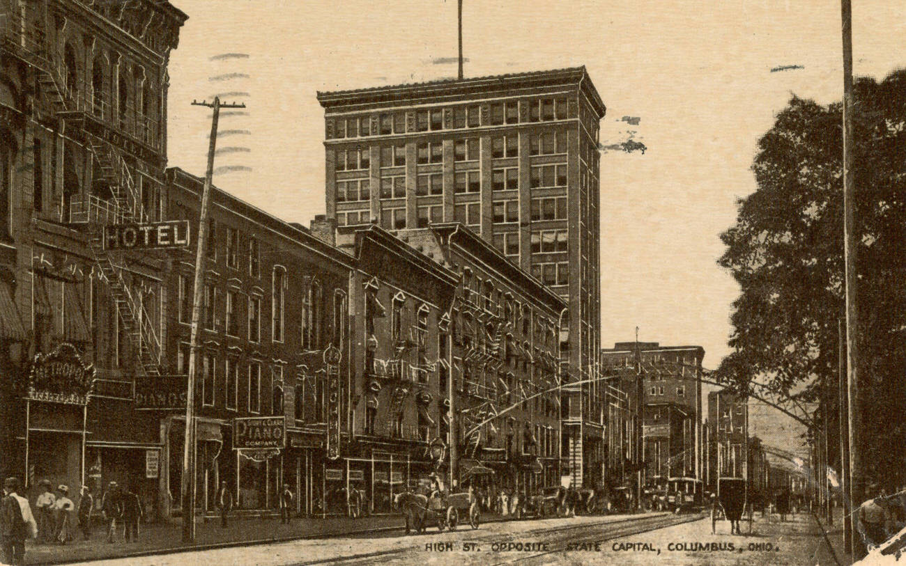 Businesses on High Street opposite the State Capital, Columbus, 1880s