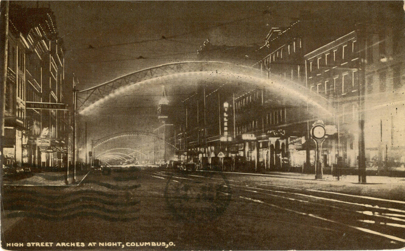 Night view of High Street Arches at South High St, Columbus, 1910s