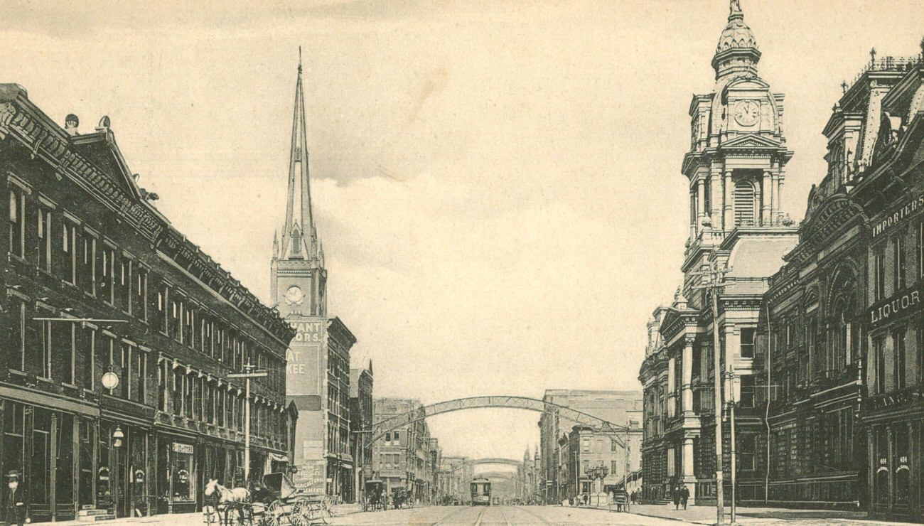 High Street north from Fulton Street with St Paul’s German Lutheran Church and Franklin County Courthouse, 1880s