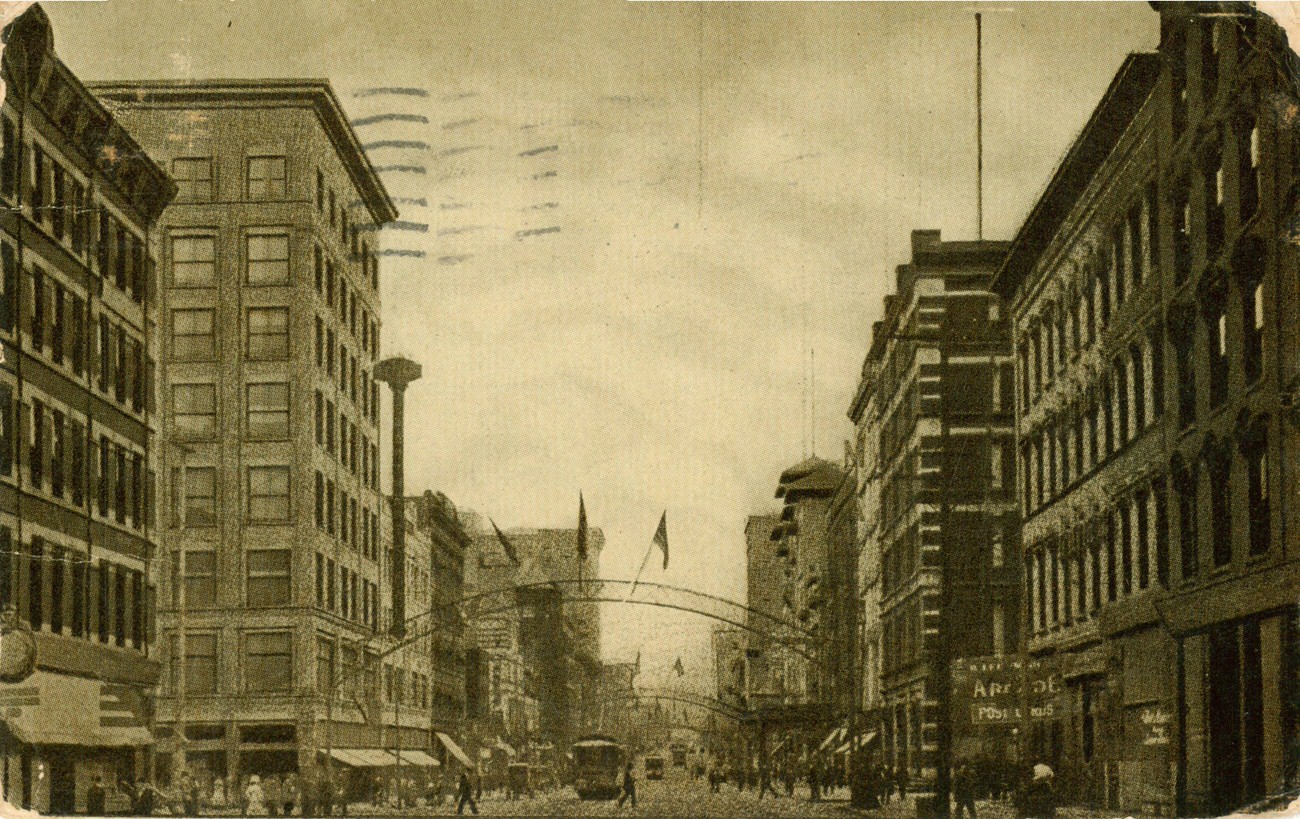 High Street looking south with the Chittenden Hotel and Beggs Department Store, 1880s