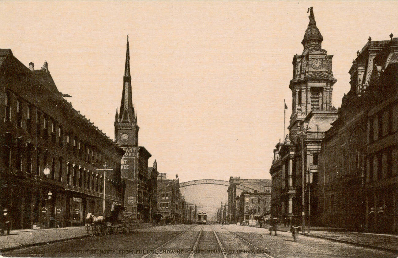 High Street north from Fulton, featuring St Paul’s German Lutheran Church and Franklin County Courthouse, 1890s