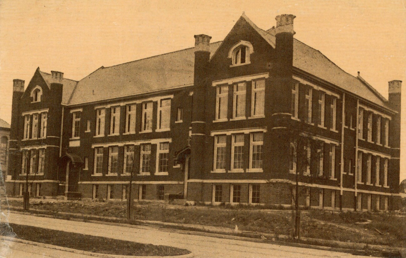 Holy Family School, Columbus, Ohio, black & white photo of two-story brick building, 1919.