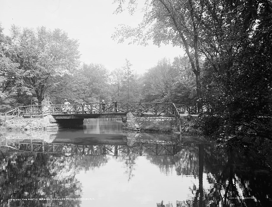 Rustic bridge in Schiller Park, Columbus, Ohio, 1900s