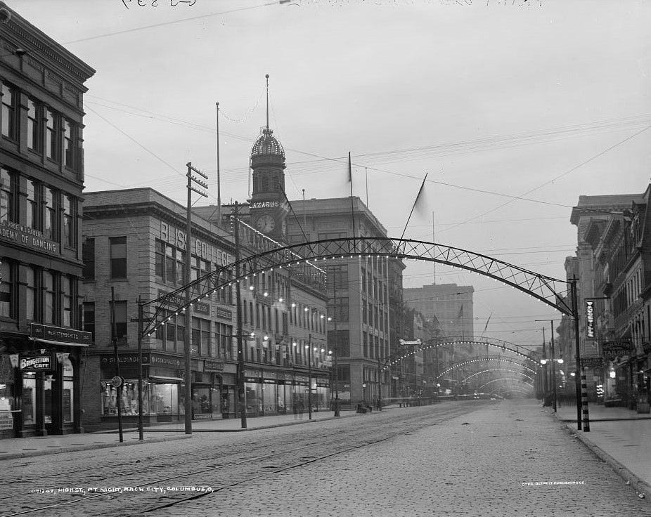 High Street at night, Arch City, Columbus, Ohio, 1900s