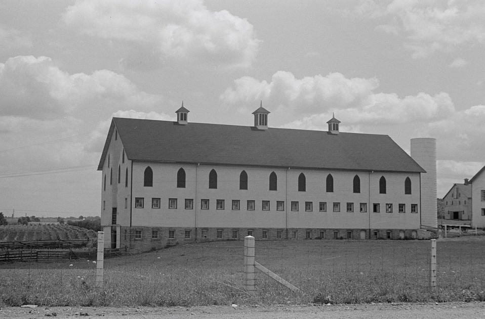 Fields and farm building at Hartman Farms near Columbus, Ohio, Summer 1938.