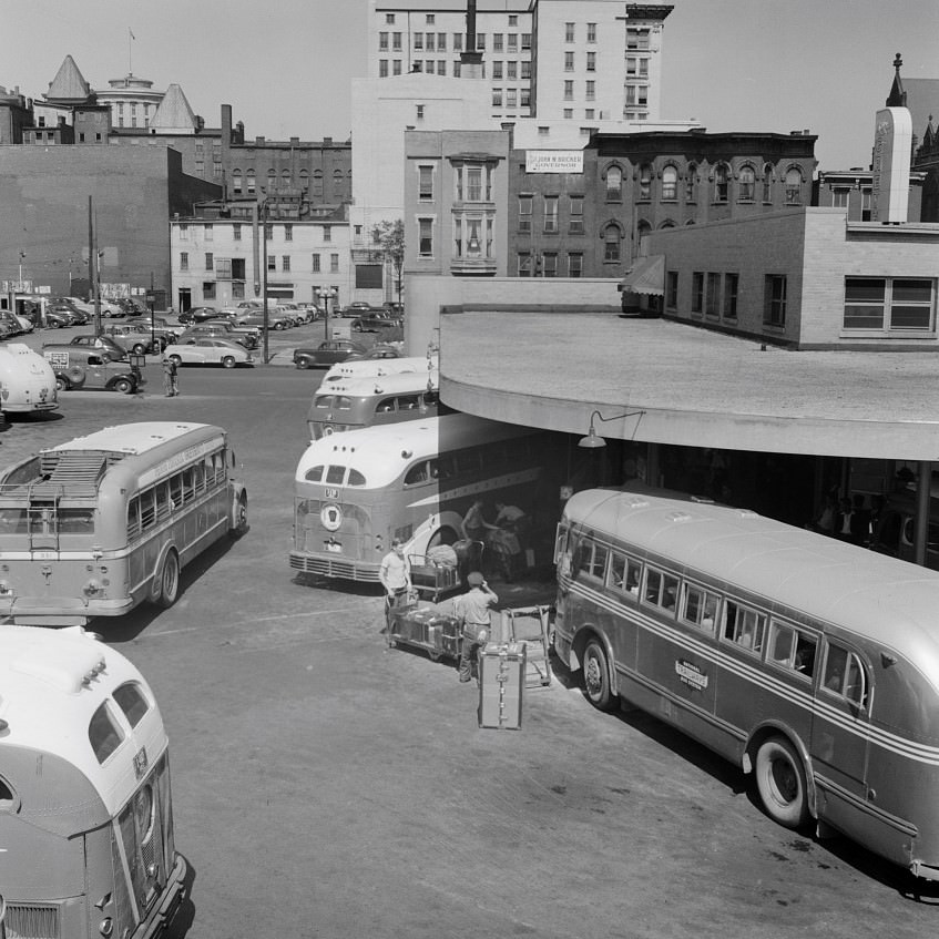 Possibly related to buses at Greyhound station, Columbus, Ohio, 1943.