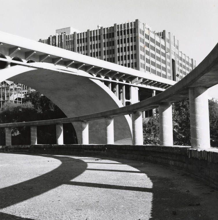 Large stone building and bridge, 1987