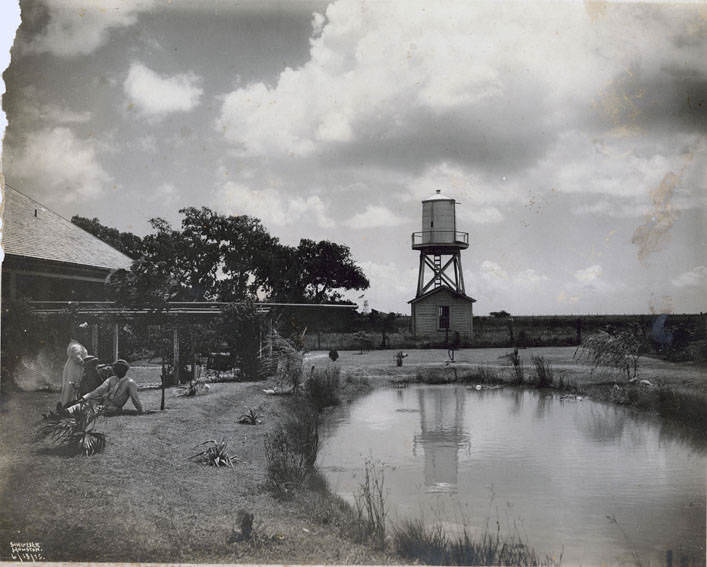 Man and woman near fish pond, June 13, 1915.