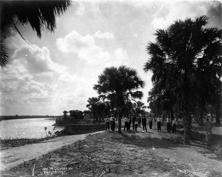 People under palm trees on the Rio Grande River bank, 1920s