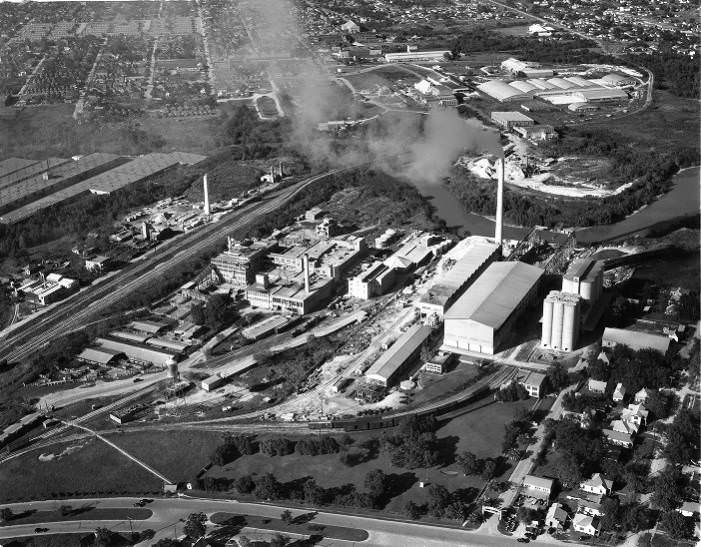 Industrial facility on Ship Channel with smokestacks, Houston, 1946.