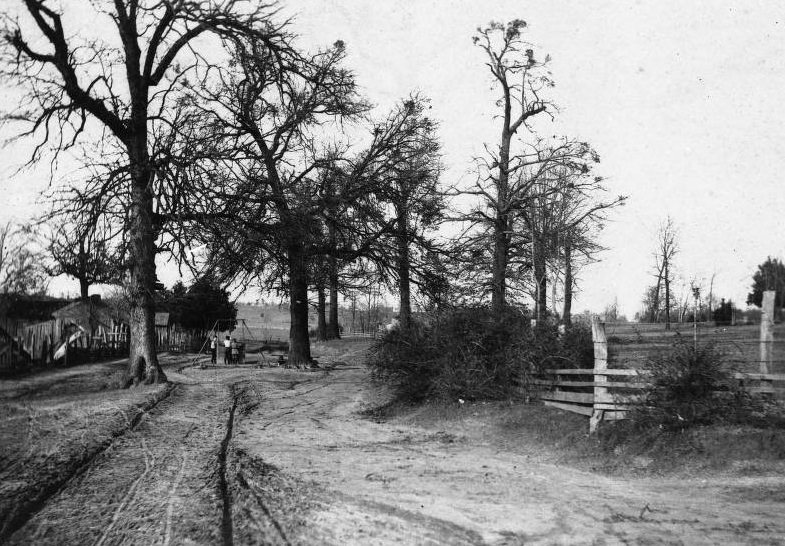 Country road between farms with children on swing set, 1895