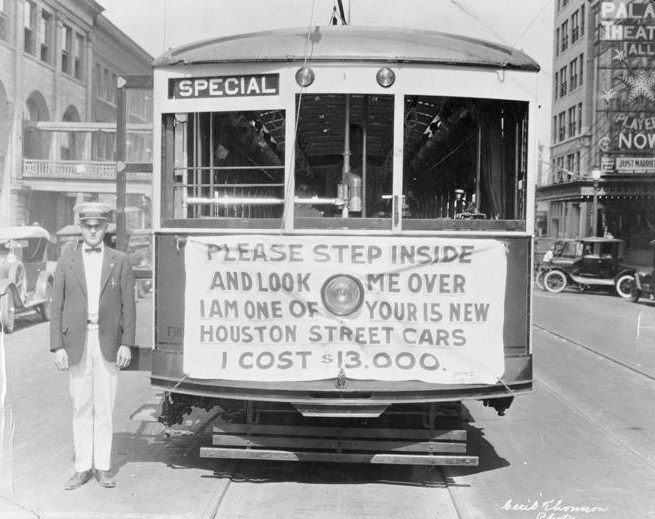 New Houston streetcar with motorman, 1920s