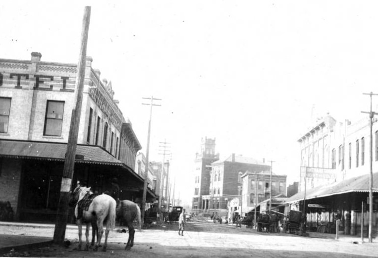 Street view of buildings and horses, 1895