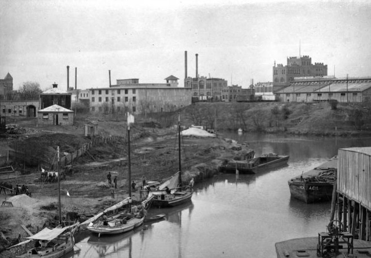 Boats on Buffalo Bayou, Houston, 1896.