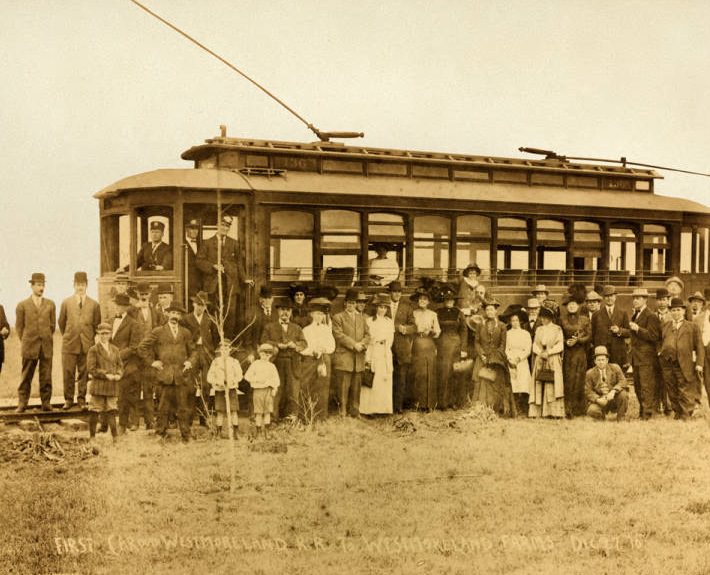 First trolley car to Westmoreland Farms, December 27, 1910.
