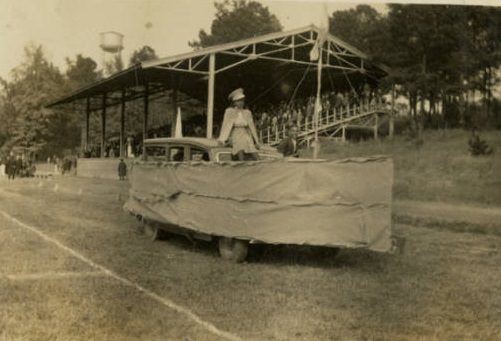 Parade float in the shape of a sailing ship at Tuskegee, 1930s.